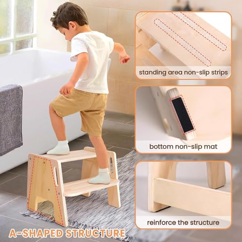Adjustable 2-Step Toddler Step Stools, Wooden Kid Potty Training Stool for Bathroom Sink, Kitchen, Bedroom, Natural 38 * 33 * 31Cm