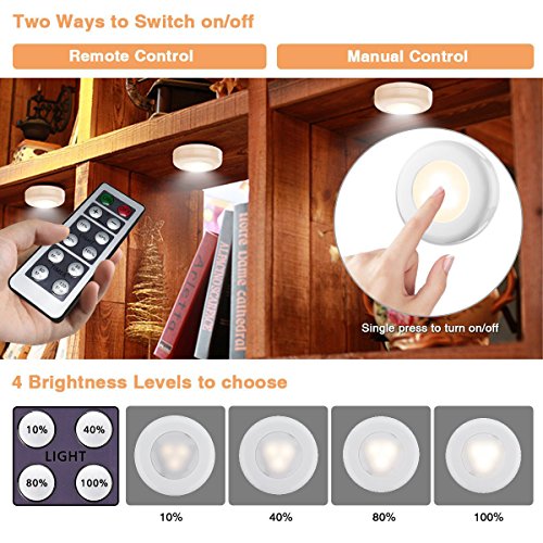 Closet Light, Elfeland LED Puck Lights Remote Control Under Cabinet Lighting with Timer Function, Battery Powered, Brightness Adjustable, for Hallway Bedroom Stair (6 Pack, 4000K, Warm White)