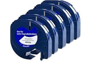 12mm X 4m Black On White Plastic Tape Refills Compatible with LT-100T LT-100H QX50 Label Makers 91331 Model(5 PCS)