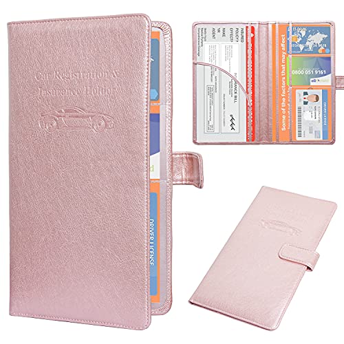 DMLuna Car Registration and Insurance Holder, Leather Vehicle Card Document Glove Box Organizer, Auto Truck Compartment Accessories for Essential Information, Driver License Cards, Rose Gold