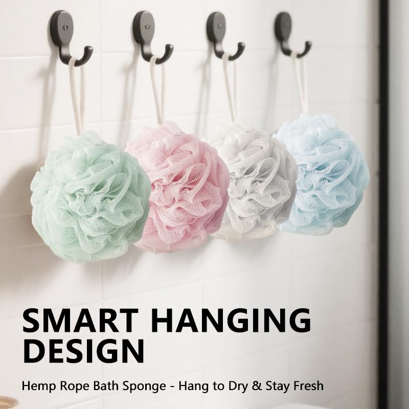 Shower Loofah Sponge for Men Women Body Scrubber Bath Sponge with Hanging Rope Exfoliating Shower Pouf Dense Mesh,Rich Lather(4-Pack)