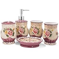 FORLONG FL3007 Ceramic Bathroom Accessory Set Victorian Flower 5 Pieces, Including 1 Toothbrush Holders,2 Gargle Tooth-Brushing Cups,1 Soap Dishes,1 Lotion Dispenser (Dark Pink)