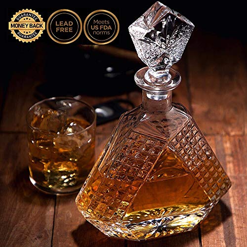 BELLIARI Triangle Whiskey Decanter with Black Whiskey Velvet Tray and Designer Gift Box
