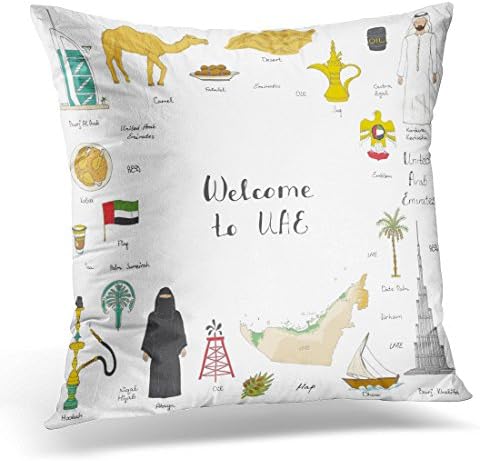 Sdamas Decorative Pillow Cover Doodle Uae Sketchy Emirati Food United Arab Emirates Flag Dubai Abu Dhabi Burj Al Khalifa Camel Oil Abaya Throw Pillow Case Square Home Decor Pillowcase 16x16 Inches
