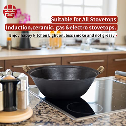 WANGYUANJI Handmade Cast Iron Wok 14.2" Large Woks StirFry Pans with