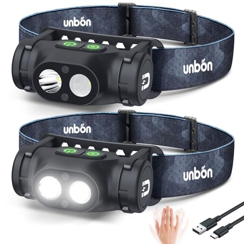 UNBON Ultra Powerful LED Headlamp, 2 Pack USB C Rechargeable Head Torch with Motion Sensor and Magnetic Base IPX4 Waterproof Lightweight 30H Long Battery Life for DIY Hiking