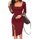 Ninimour Women's Long Sleeve Bodycon Dress Square Neck Lace Patch Cocktail Party Dress Elegant Side Slit Midi Dress