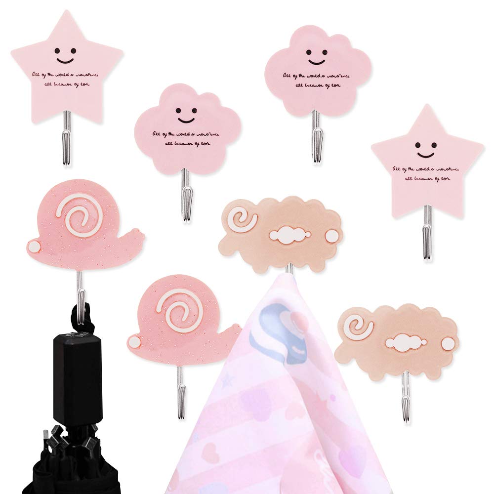 8PCS Adhesive Hooks, Reusable Waterproof Hooks, Cartoon Hooks Star Cloud Snail Sheep Hooks for Towel Keys Bags Kitchen and Bathroom (Pink)