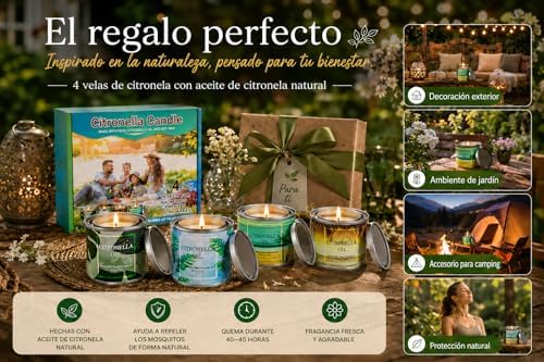 Paquete Grandes Juego de 4 Velas Citronela para Interior y Exterior Velas de Citronela Cera de Soja en Latas con Tapa 200 Horas de Combustión Regalo para Bodas,Cumpleaños,Jardín,Camping o Fiestas