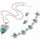 TraveT Retro Turquoise Owl Bracelet Earrings Necklace Three - pieces Jewelry Set
