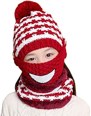 Unisex-baby Smiling face Mask Knit Skull Caps Beanie Hats Scarf set