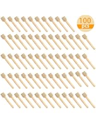 WEFOO 100 Pack Mini 3 InchÂ PortableÂ Wooden Honey Dipper Sticks for Honey Jar Dispense Drizzle Honey, Wedding Party Favors