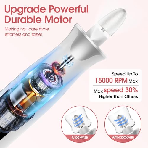 Electric Nail Drill,Professional Manicure Pedicure, Portable Cordless Rechargeable Nails File Machine for Gel/Acrylic/Natural/Thick Toe Nails with 10 Adjustable Speed 15000RPM 10 Bits 60 Sanding Bands