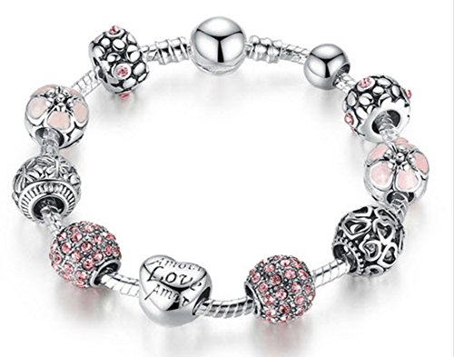 Antique 925 Silver Charm Bangle & Bracelet with Love and Flower Crystal Ball for Women