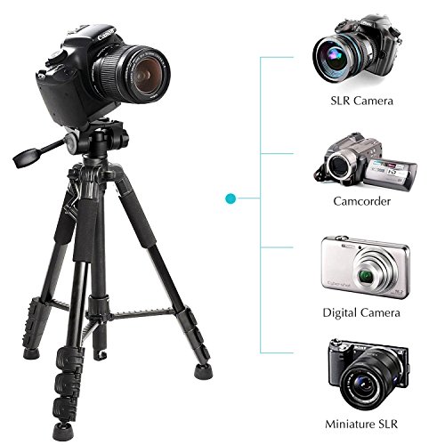 Camera Tripod,57''DSLR Aluminum Camera Tripod for Canon, Nikon, Sony, Samsung, Olympus, Panasonic & Pentax + eCost Microfiberï¼ŒWith 1/4" 3 Way PanHead,2 Bubble Level,57",Load up to 8.8lb, Carry Bag