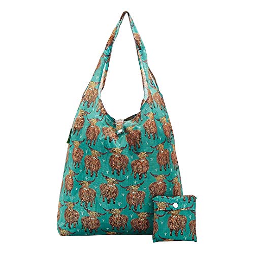 Eco Chic Lightweight Foldable Reusable Shopping Bag (Highland Cows Teal)