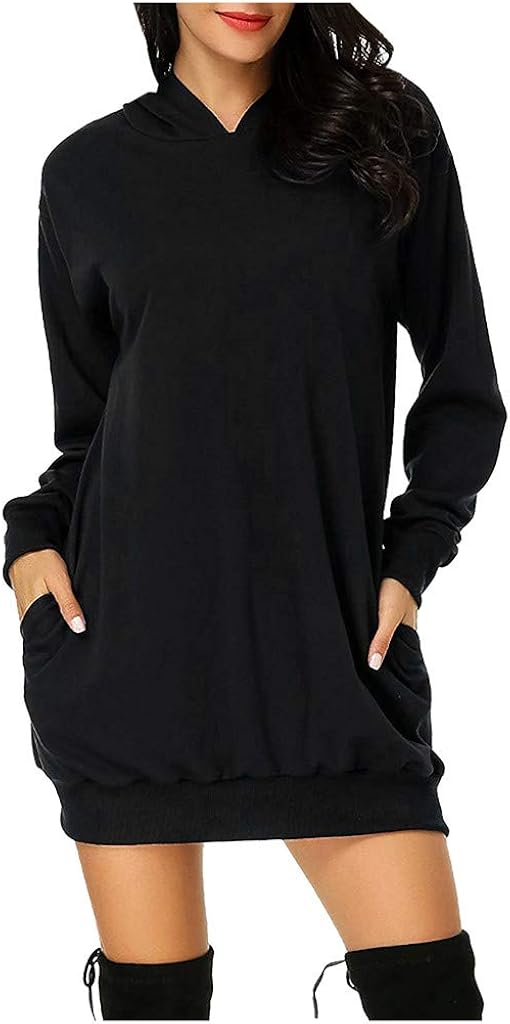 VOWUA Women's Pullover Dress Sweatshirt Solid Long Sleeve Crew Neck Tunic Tops with Pocket