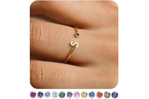 FUNEIA Initial Birthstone Rings for Women Non Tarnish Trendy Stackable Dainty Gold Letter Adjustable Emerald Green Cubic Zirconia Ring for Mothers Daughter Birthday Bridesmaid Gifts Jewelry