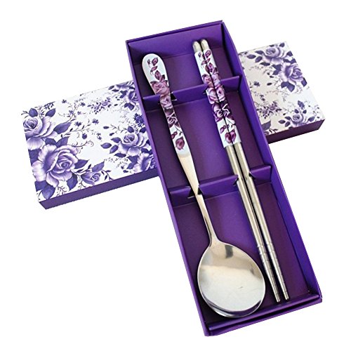 Romantic purple rose stainless steel chopsticks and spoon set wit…