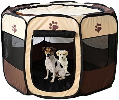Pet Foldable Playpen Oxford Cloth Exercise Portable Kennel Indoor/Outdoor Bag Removable Mesh Shade Cover Easy Travel Hiking Camping Brown M