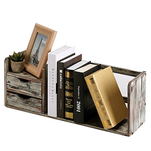 Torched Wood Desktop Book Shelf Organizer Rack with 2 Drawers