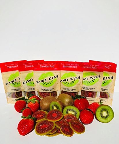 KiwiKiss All Natural Dried Fruit Snack,California Kiwi &amp; Strawberry Purée. A Sour, Sweet Kiwi Treat. 6 bags,1oz. each.