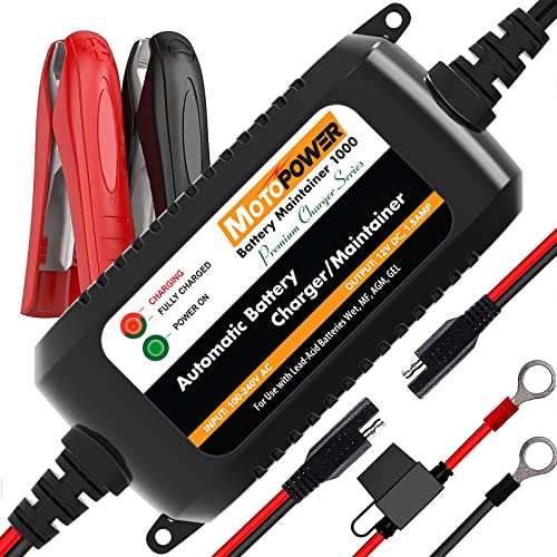 MOTOPOWER MP00206A 12V 1.5Amp Fully Automatic Battery Charger/Maintainer for Car, Motorcycle, ATV, Motorhome, Powersports, Boats and More Smart, Compact and Eco-Friendly