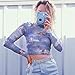 malianna Women Angle Print Perspective Turtleneck Long Sleeve Mesh T-Shirt (S) Blue
