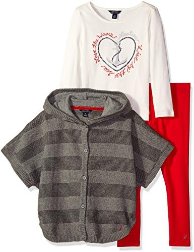 Nautica Little Girls Sweater Poncho, Graphic T-Shirt and Legging Set, Medium Grey Heather, 5