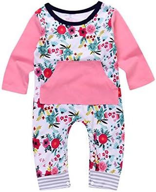 Newborn Baby Boy Girls Floral Pocket Romper Long Sleeve Bodysuit One-piece Striped Warm Playsuit