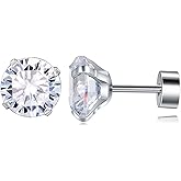 VOLUKA Cubic Zirconia Stainless Steel Screw Flat Back Earring - Hypoallergenic Stud Earrings for Women & Men - 316L Titanium CZ Stud Earrings for Nickel-Free, Trendy & Elegant