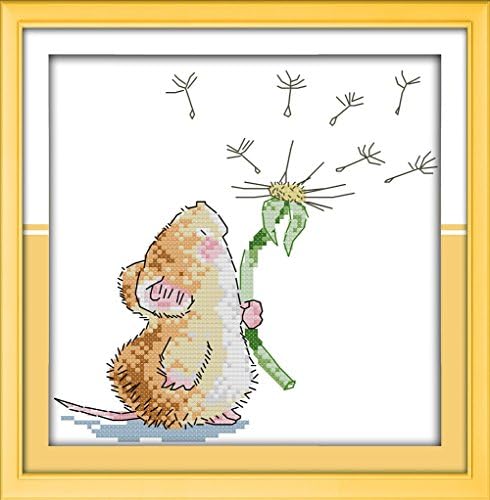 DIY Crafts Beginners Needlework Kit Counted Cross Stitch Kits 14CT Fabric Embroidery Cute Cross-Stitching Pattern for Adults Kids, Mouse and Dandelion