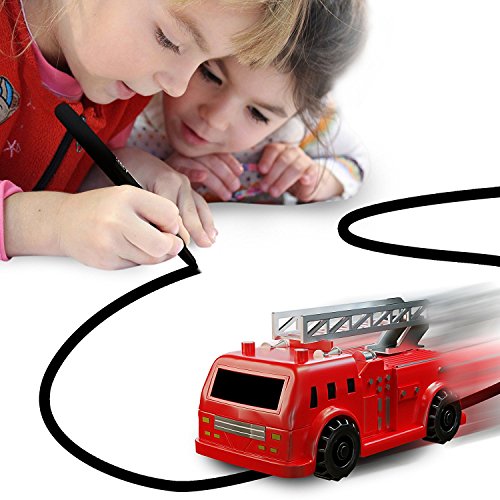Magic Inductive Truck [Follows Black Line] Magic Toy Car for Kids & Children - Best Toddler Toys MINI Magic Pen Inductive Fangle Kids Fire Truck Follow [Red Fire Truck]