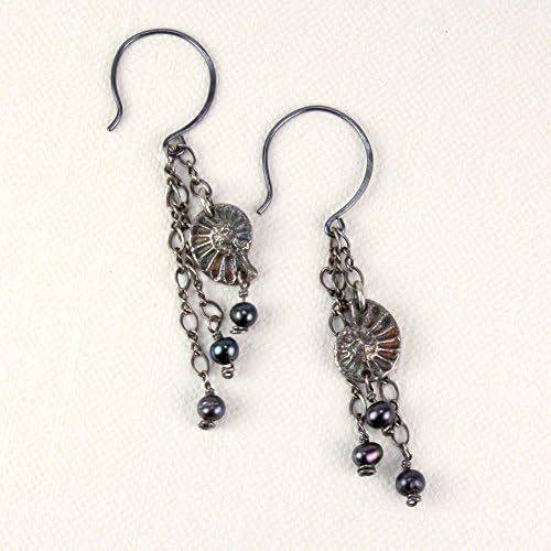Ammonite Dangle Earrings, Sterling with Dark Patina, with Black Pearl