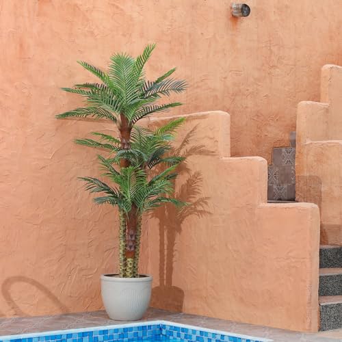 SOGUYI 8ft Outdoor Artificial Palm Tree - UV Resistant Tall Fake Tropical Golden Cane Plant for Patio, Poolside, Lawn, Indoor Decor - Large Faux Palm Tree, Set of 1