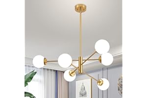 Deyidn Sputnik Chandelier, Gold Modern Chandeliers, Mid Century Ceiling Lighting Fixture 6-Lights with Milk White Glass Shade for Living Room, Kitchen, Bedroom, Dining Room, and Farmhouse