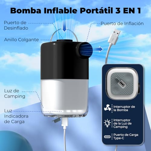 Bomba de Aire Eléctrica Portátil 4000Pa Recargable con Camping Luz, Mini Inflador Electrico Inflables y Desinflables, Pare Camping/Alfombras Inflables/Anillo de Natación
