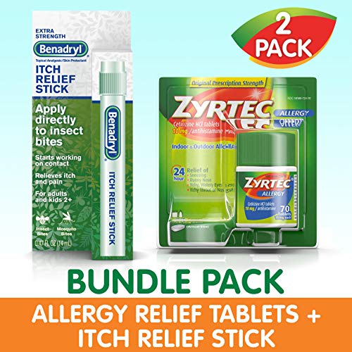 Zyrtec Allergy Relief Tablets Benadryl, Itch Relief Stick Bundle Pack 2 Items, 70 Count