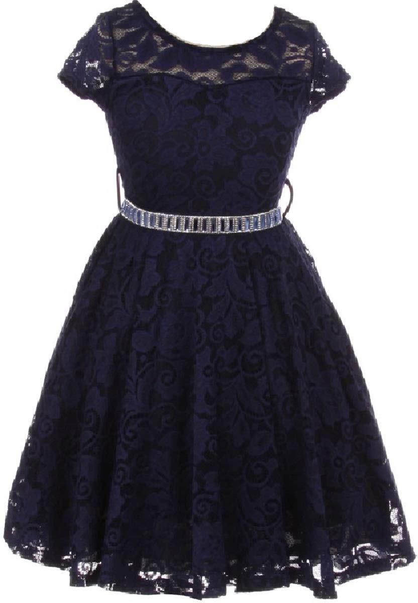 Flower Girl Dress Cap Sleeve Jewel Belt Floral Lace