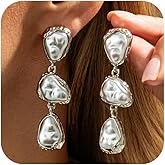 Dainty Gold Long Baroque Pearl Dangle Drop Earrings, Vintage Chunky Silver Irregular Pearl Earring Formal Statement Party Prom Jewelry Gifts for Women