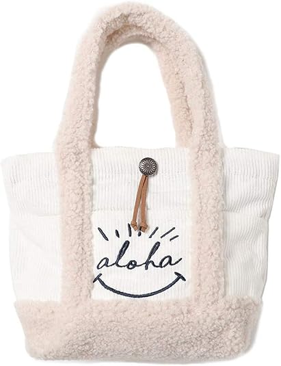 Amazon カヒコ Kahiko メンズ トートバッグ ボア コーデュロイ モコモコ アロハ ハワイ 鞄 刺繍 雑貨 フリーサイズ Wht ホワイト トートバッグ