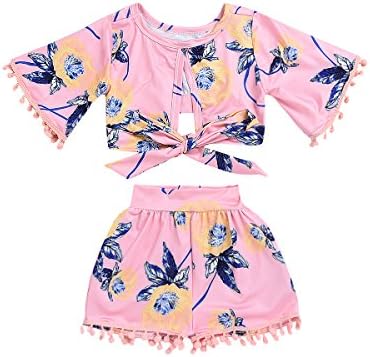 0-5T Kids Baby Pompom Clothes Short Sleeve Floral Printed Tie Knot Crop Top+ Short Pants Outfits Set (Pink, 120(5-6Y))
