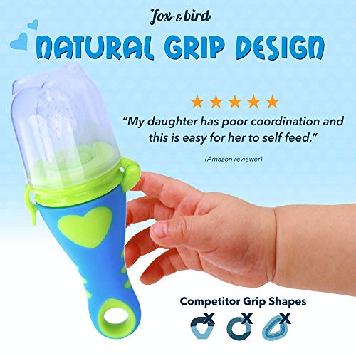 Fox and Bird - Baby Fruit Feeder Pacifier (2 Pack) | Baby Food Feeder | Doubles as Teething Toy for Infants and Toddlers | Includes Pacifier Clip and 6 Silicone Pouches (Blue/Orange) - Thumbnail 4