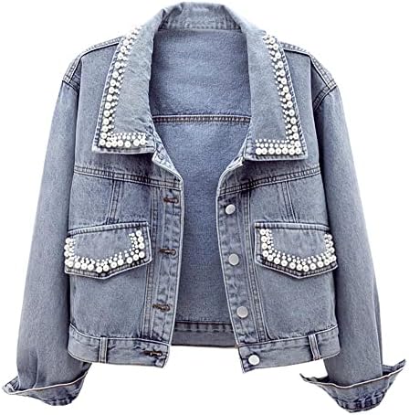 SCOFEEL Women's Pearl Denim Jacket Button Down Long Sleeve Loose