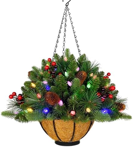 Assilyraft 18 Inches Pre-lit Artificial Christmas Hanging Basket with Red Berries, Pine Cones,40 C3 Dual-Color Multi-Functional Battery Operated LED Lights with Timer