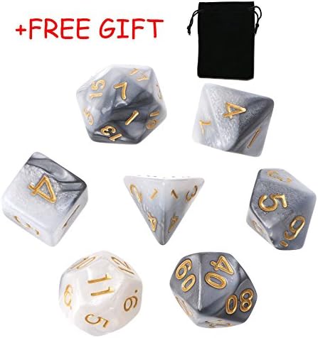 Lulujan D&D Polyhedral Dice Set DND for Dungeons and Dragons TRPG MTG Board Games Dice with FREE Pouch (7-Die, Black & White)