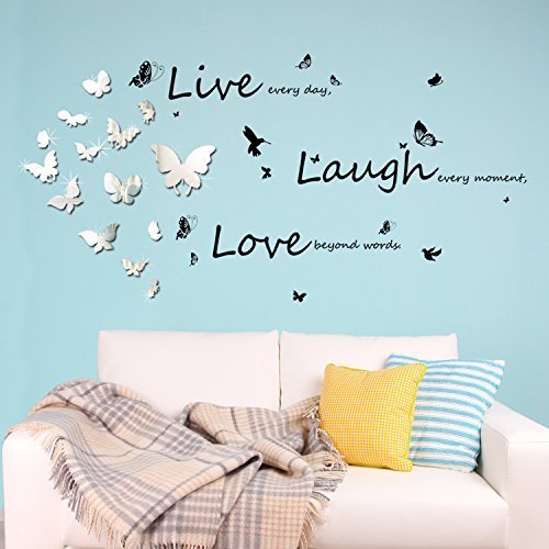 Walplus C2WW002000 - WSM2057 14 Mirror Butterflies Plus WS4011 Vivid Live Laugh Love Wall Art Murals Nursery Office Home Decoration
