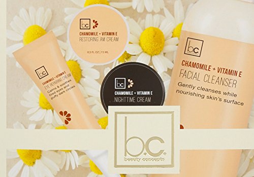 BEAUTY CONCEPTS 4 Pc Chamomile & Vitamin E Moisturizing Kit ( Eye reparing cream / restoring AM Cream / Night time cream / Facial Cleanser )