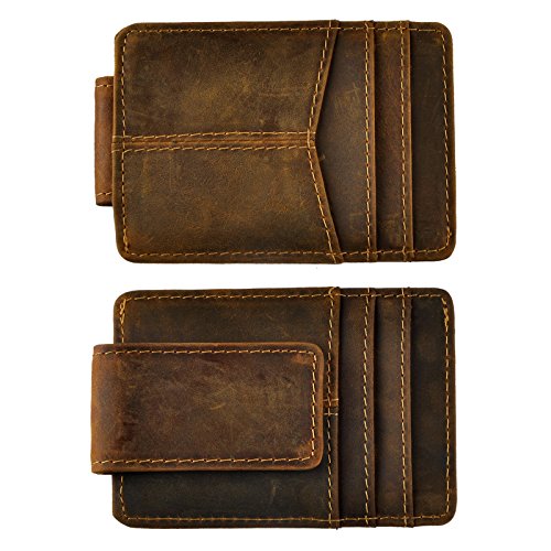 Le'aokuu Mens Genuine Leather Cowhide Clip Credit Card Case Handy Slim Wallet Magnet (Dark Brown)