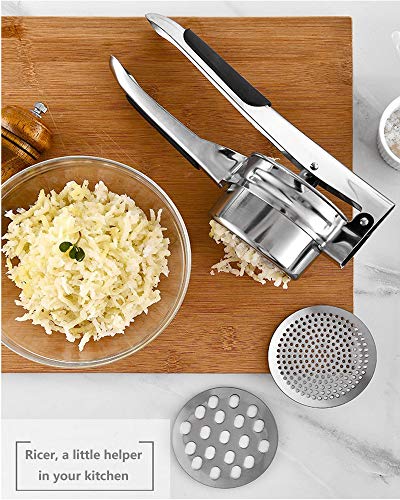 Potato Ricer Masher Stainless Steel with 3 Interchangeable Discs and Potato Peeler, Fruit and Vegetables Press with Non-slip Silicone Grip Handle